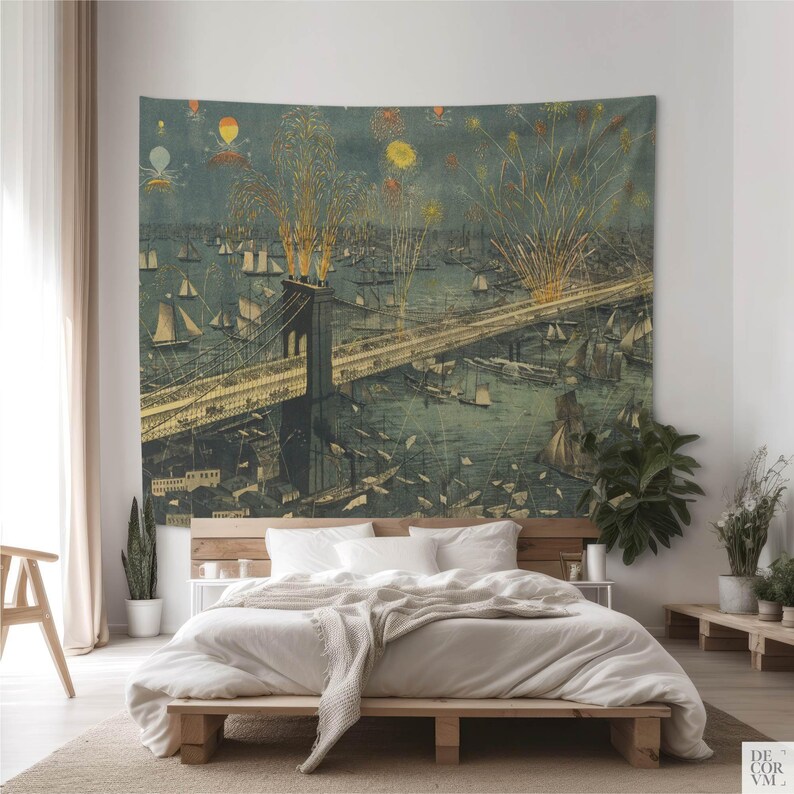 Brooklyn Bridge Fireworks Wall Tapestry for Living Room, 1883 New York Vintage Decor. MAP002 image 10