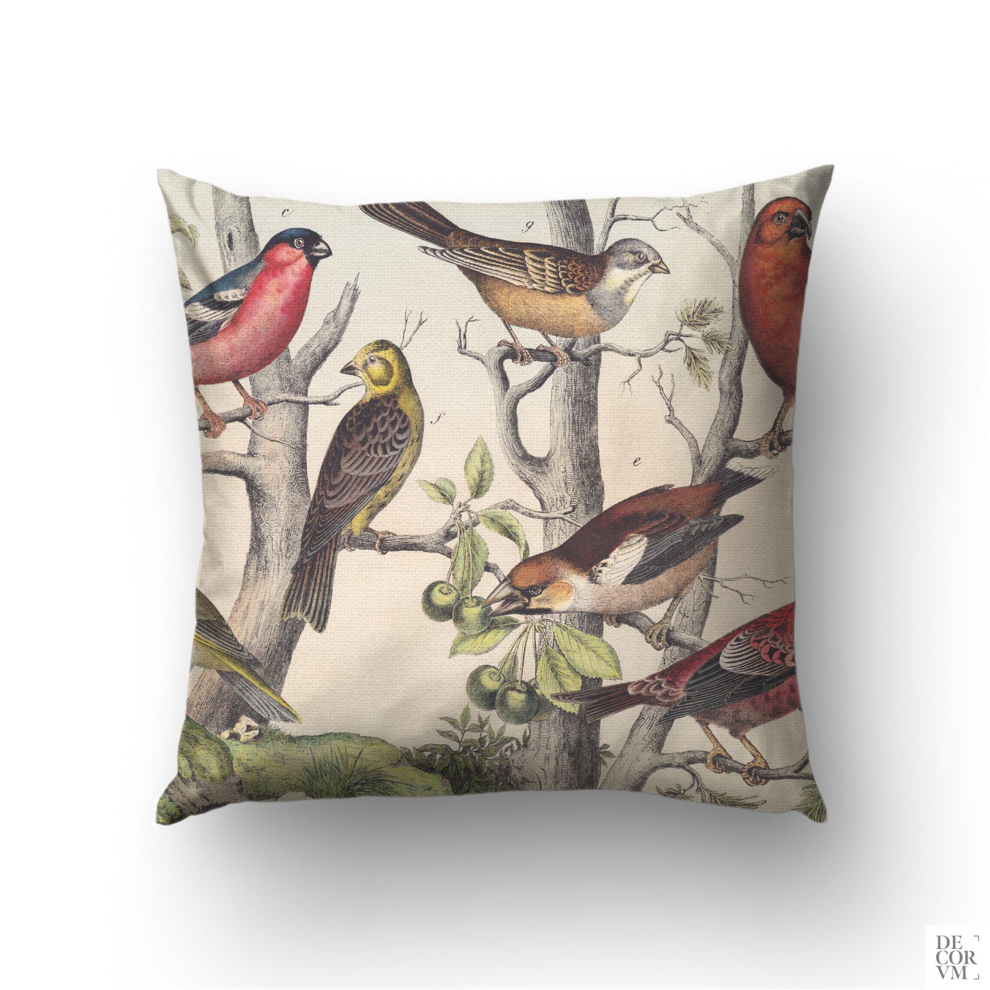 Vintage birds throw pillow case printed on cotton fabric for home decoration or a housewarming gift. VIN009EU