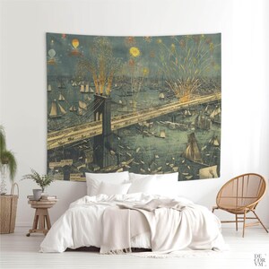Brooklyn Bridge Fireworks Wall Tapestry for Living Room, 1883 New York Vintage Decor. MAP002 Microfibre 104x88