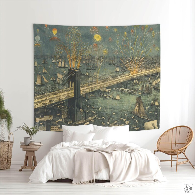 Brooklyn Bridge Fireworks Wall Tapestry for Living Room, 1883 New York Vintage Decor. MAP002 Microfibre 104x88