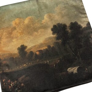 May include: A vintage-style painting depicting a rural landscape with a cloudy sky, trees, and figures in the foreground. The painting is done in muted tones of brown, green, and blue.
