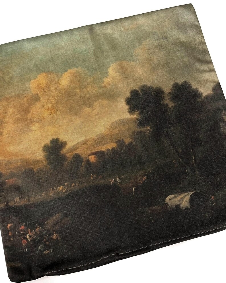 May include: A vintage-style painting depicting a rural landscape with a cloudy sky, trees, and figures in the foreground. The painting is done in muted tones of brown, green, and blue.