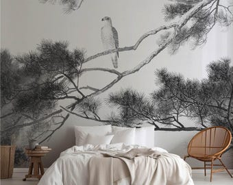 Vintage Japanese Hawk & Pine Tree Mural: Sumi-e Ink Art Wallpaper. JAP014