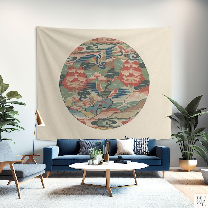 Peacock Medallion Tapestry, Ming Dynasty Style Wall Hanging, Printed in USA. CHI004 image 6