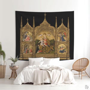 Italian Religious triptych wall tapestry, Madonna and Child altarpiece printed Tapestry. REL007