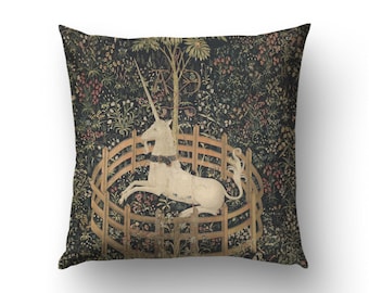 Unicorn in Captivity Throw Pillow Cover, Medieval Tapestry Art