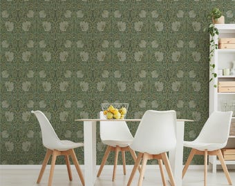 William Morris Pimpernel Wallpaper, Vintage Green Floral Arts & Crafts. WIM018