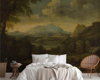 Vintage Mountain Landscape Wallpaper Mural Baroque Oil Painting Dark Nature Decor. LAN116