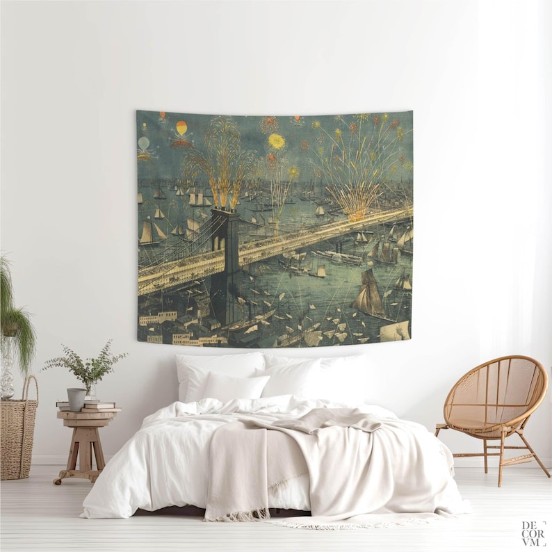 Brooklyn Bridge Fireworks Wall Tapestry for Living Room, 1883 New York Vintage Decor. MAP002 image 12
