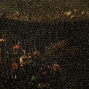 May include: A painting depicting a group of people gathered together in a dark, shadowy setting. The figures are dressed in various shades of brown and black, and their faces are obscured by the darkness. The painting has a somber and mysterious tone.