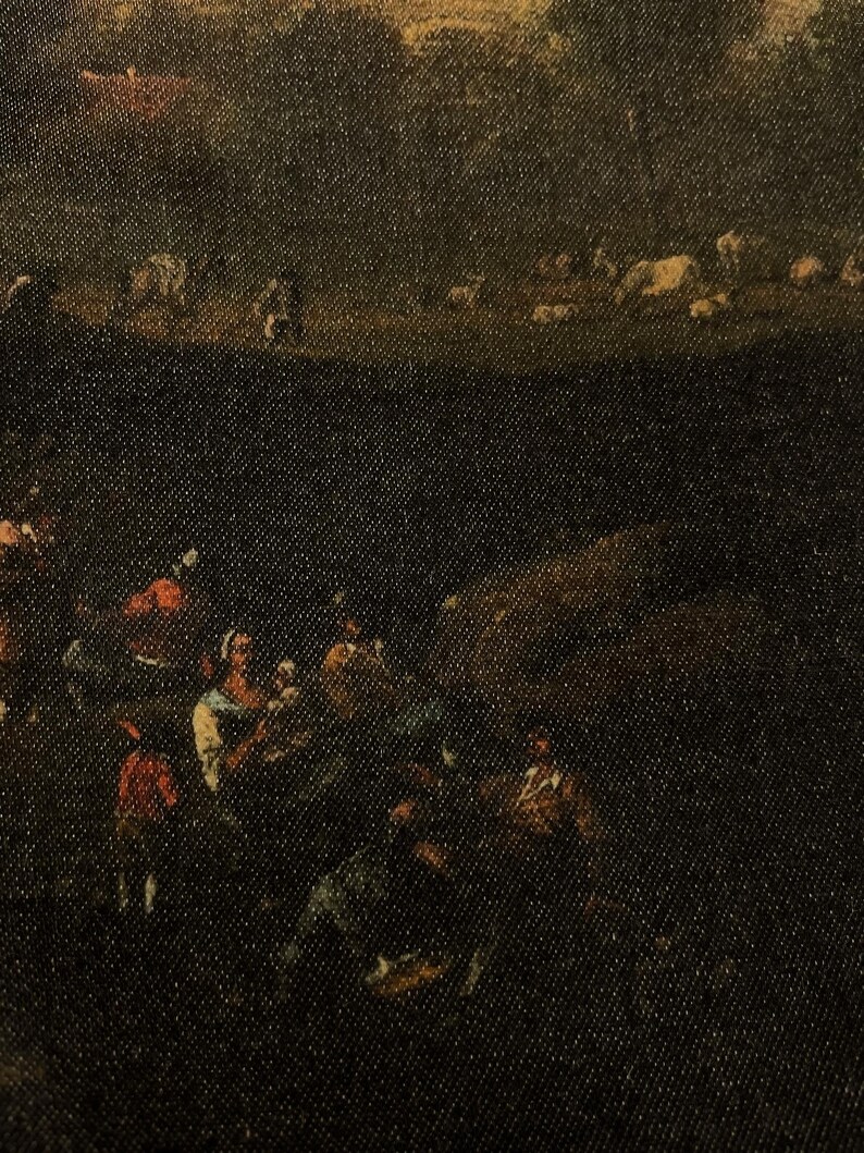 May include: A painting depicting a group of people gathered together in a dark, shadowy setting. The figures are dressed in various shades of brown and black, and their faces are obscured by the darkness. The painting has a somber and mysterious tone.