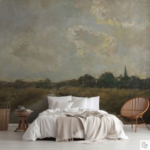 Landscape wall mural of an antique oil painting. Brown and green colors for a muted decoration. Interior design mural. LAN017