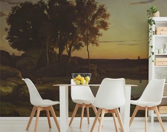 Sunset Landscape Wall Mural – Lake and Boatman Scene – Classic Art Wallpaper. LAN021