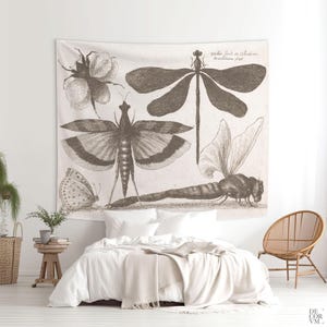 Insect Tapestry, Vintage Botanical Print, Dragonflies & Bumble Bee