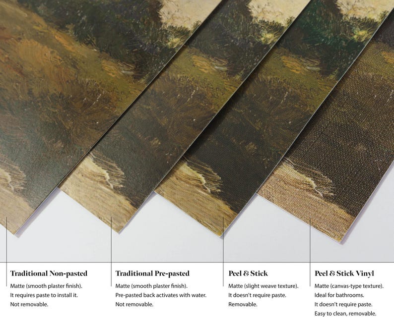 May include: Four samples of wall decor with a landscape painting. The samples include Traditional Non-pasted, Traditional Pre-pasted, Peel & Stick, and Peel & Stick Vinyl. Each sample has a different texture and installation method, with text descriptions below each.