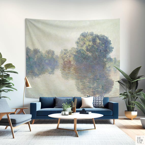 Monet wall art tapestry of The Seine at Giverny, Fabric Print Pastel decoration. MON017