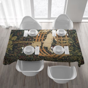 Unicorn tablecloth, medieval decor The Unicorn in Captivity for a vintage kitchen. Netherlandish art. UNI003 image 1
