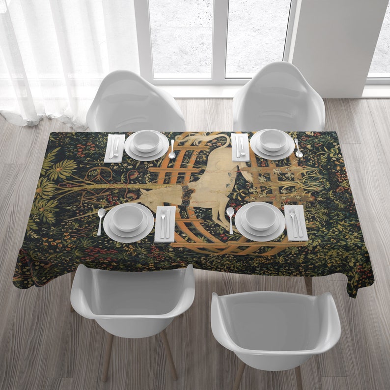 Unicorn tablecloth, medieval decor The Unicorn in Captivity for a vintage kitchen. Netherlandish art. UNI003 image 1