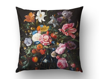 Dutch Floral cushion cover in cotton fabric. Colorful pillow with black background, 17th Century art for a vintage elegant decor. FLR032EU