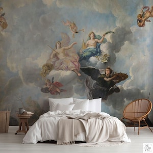 French Baroque wallpaper mural of the Royal Magnificence, Immortality and Progress in the Fine Arts, Classic art large wall decor. ROC003