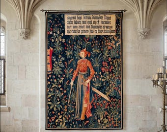 Medieval Amazon Queen Tapestry Millefleurs Bedroom Navy Floral Warrior