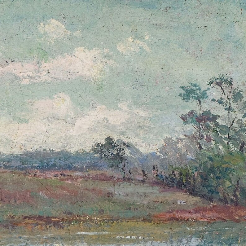May include: An impressionistic landscape painting featuring a cloudy sky and a field with trees. The artwork uses a muted color palette of greens, blues, and browns, creating a serene and natural scene.