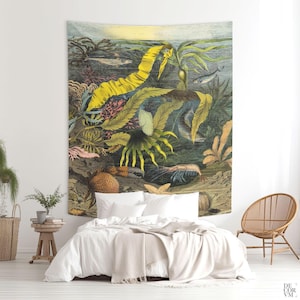 Marine life vintage illustration wall tapestry, Unique 19th century wall hanging art for room decoration or events. VIN001