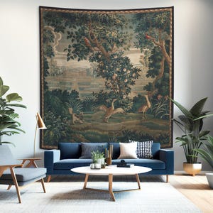 Verdure Wall Tapestry with Castle and Garden of Birds and a Dog – 18th Century French Textile Art Reproduction TRE008EU