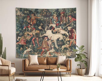ユニコーンが捕らえられる中世の狩猟タペストリー壁掛けビクトリア朝の
