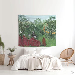 Tropical Forest Monkey Tapestry, Henri Rousseau Naive Art Decor