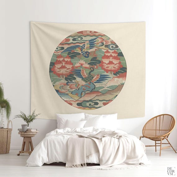 Chinese Art Tapestry Ming Dynasty, Peacock Medallion Wall Hanging, 16th Century Style Decor, Printed In USA, Housewarming Gift. CHI004