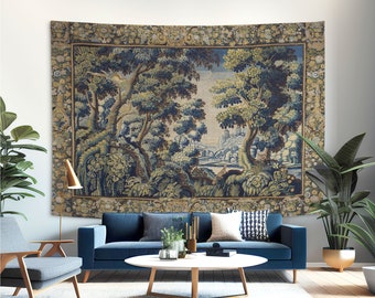 Verdure tapestry wall hanging, Greenery wall art, Antique French decor printed on COTTON fabric, Medieval reenactment. TRE005EU