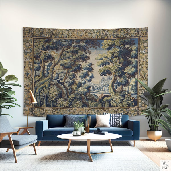 Groene tapijtmuur die hangt, groenmuurkunst, antiek Frans decor gedrukt op KATOENstof, middeleeuwse heropvoering. TRE005EU