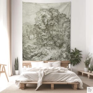 Forest tapestry monochrome print, Tree wall art drawing, German artist, Fabric wall hanging. LAN022EU image 7