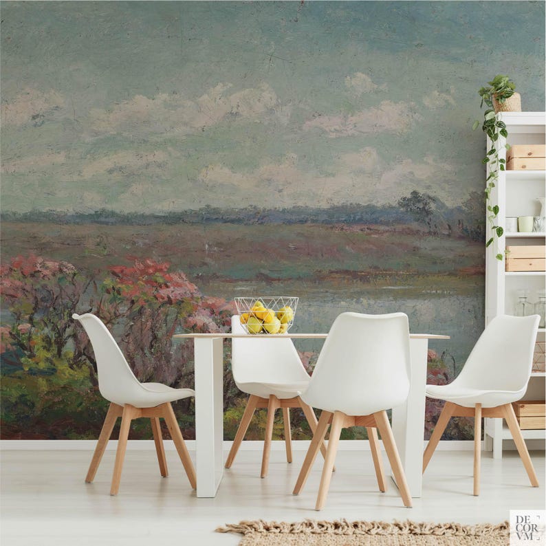 Pink Blossoms mural landscape. Flower meadow by the lake. American Impressionist art. LAN058 image 2