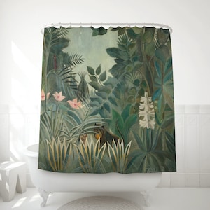 The Equatorial Jungle shower curtain, Henri Rousseau bathroom decor made of fabric, Tropical decoration. HER002
