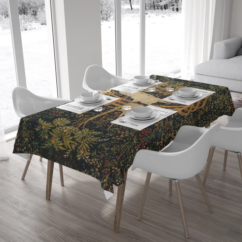 Unicorn tablecloth, medieval decor The Unicorn in Captivity for a vintage kitchen. Netherlandish art. UNI003 image 2