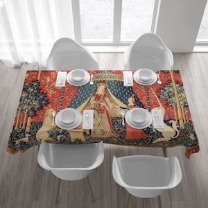 Medieval tablecloth with The Lady and the Unicorn tapestry art, for kitchen table or wedding table decor. UNI001