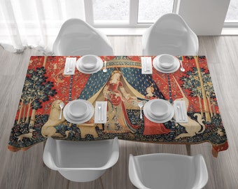 Lady and Unicorn Tapestry Tablecloth, Medieval Art Kitchen Decor | UNI001