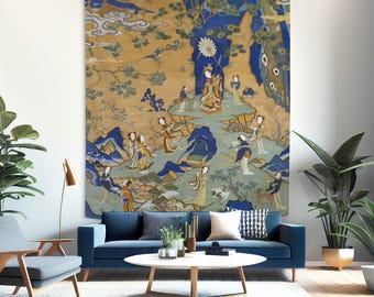 Chinese Tapestry Blue Gold Wall Hanging, Asian Mythology Bedroom Decor