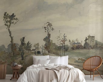 Watercolor Landscape Mural – Vintage Countryside Wallpaper, Peel and Stick Wall Art. LAN079