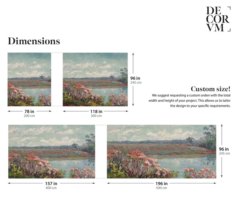 Pink Blossoms mural landscape. Flower meadow by the lake. American Impressionist art. LAN058 image 3