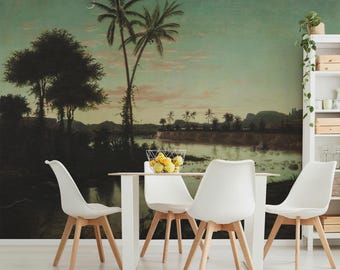 Tropical Sunset Wallpaper Mural, Twilight Sky, Crescent Moon. LAN074