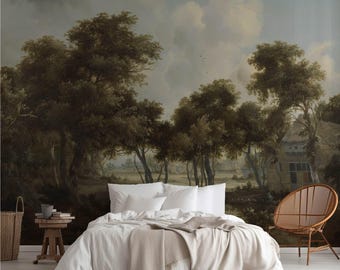 Vintage Forest Landscape Wallpaper Mural, Moody Dutch Oil Painting for Bedroom Decor. LAN123