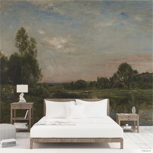 River landscape wall mural, Country side oil painting from the 19th century on wallpaper for large wall decor. Interior design. CFD004