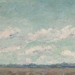 May include: An oil painting depicting a landscape with a sky filled with white clouds. The sky transitions from a light blue at the top to a pale green. A brown and blue horizon line is at the bottom of the painting.
