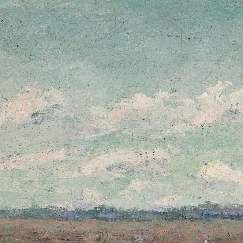 May include: An oil painting depicting a landscape with a sky filled with white clouds. The sky transitions from a light blue at the top to a pale green. A brown and blue horizon line is at the bottom of the painting.