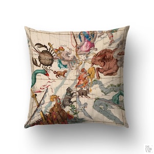 Peut inclure: Coussin carré représentant une carte ancienne des constellations. Le coussin a un fond crème avec des illustrations détaillées des symboles du zodiaque en marron, bleu et rouge. Un article décoratif pour la maison.