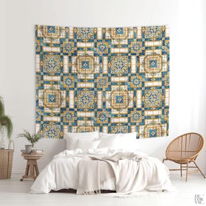 Portuguese Azulejo Tile Wall Tapestry – Blue & Gold Geometric Pattern, Mediterranean Decor. TIL002