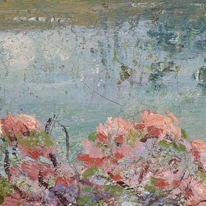 Pink Blossoms mural landscape. Flower meadow by the lake. American Impressionist art. LAN058 image 6